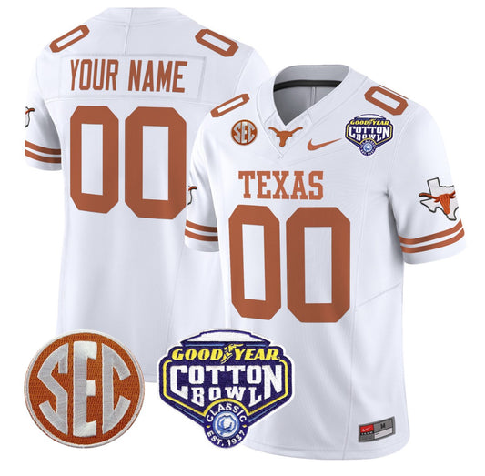 Custom Texas Longhorns Jersey Name, Number Cotton Bowl Patch Stitched White