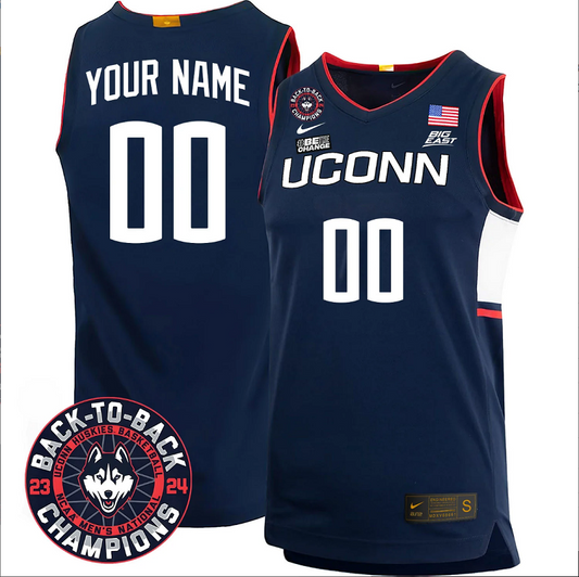 Custom UConn Huskies Basketball Jersey 2024 Back To Back Champions Patch Navy
