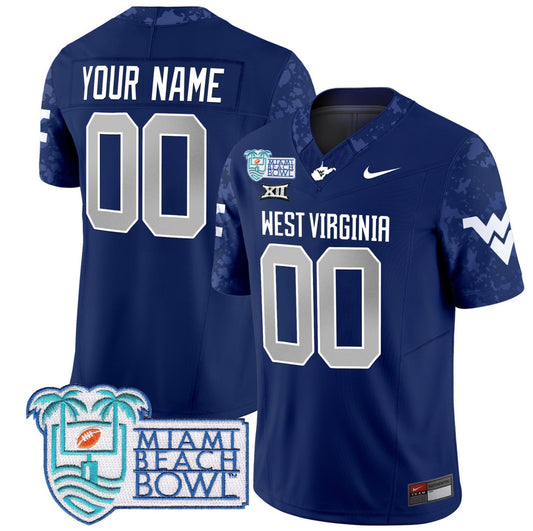 Custom West Virginia Mountaineers Jersey 2025 Miami Beach Bowl Patch Navy
