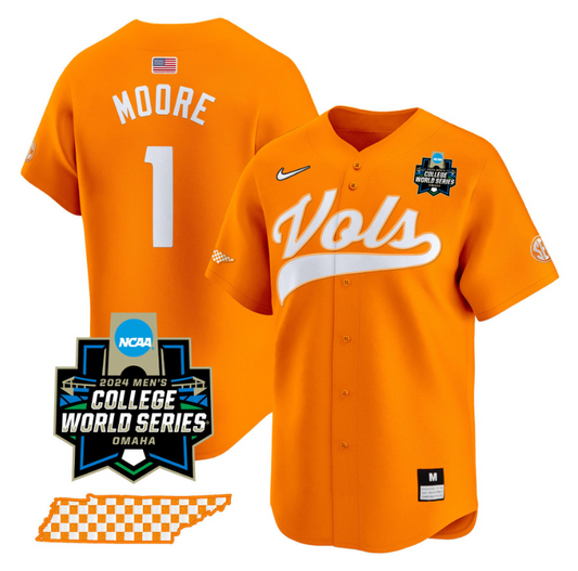 Christian Moore Jersey #1 Tennessee Volunteers 2024 College World Series Vapor Premier Limited NCAA Baseball Stitched Orange