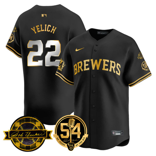 Christian Yelich Jersey #22 Milwaukee Brewers 2025 Bob Uecker, 54 Seasons for Brewers Stitched Black Gold