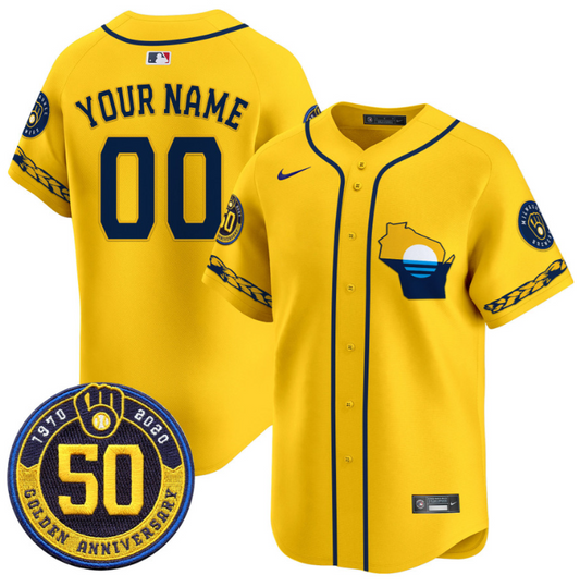 Custom Milwaukee Brewers Jersey Golden 50th Anniversary Patch Premier Limited Stitched Gold