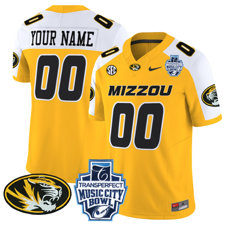 Custom Missouri Tigers Jersey 2024 Music City Bowl Football Gold Alternate