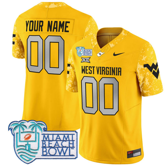 Custom West Virginia Mountaineers Jersey 2025 Miami Beach Bowl Patch Gold