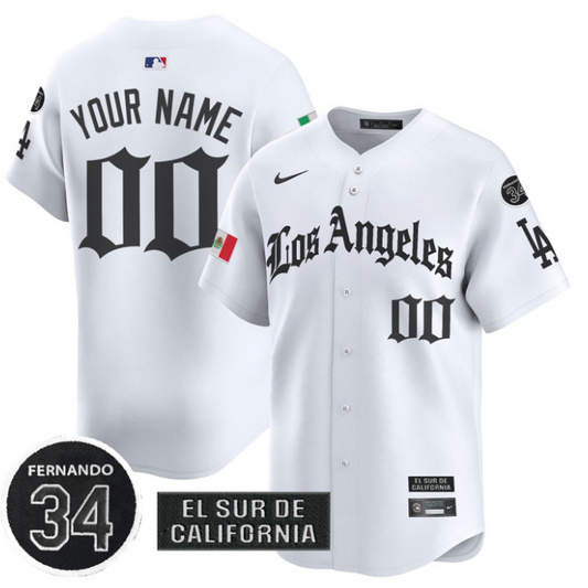Custom Dodgers Mexico Jersey Name, Number 2025 LA Gothic Style Patch Premier Limited Stitched White