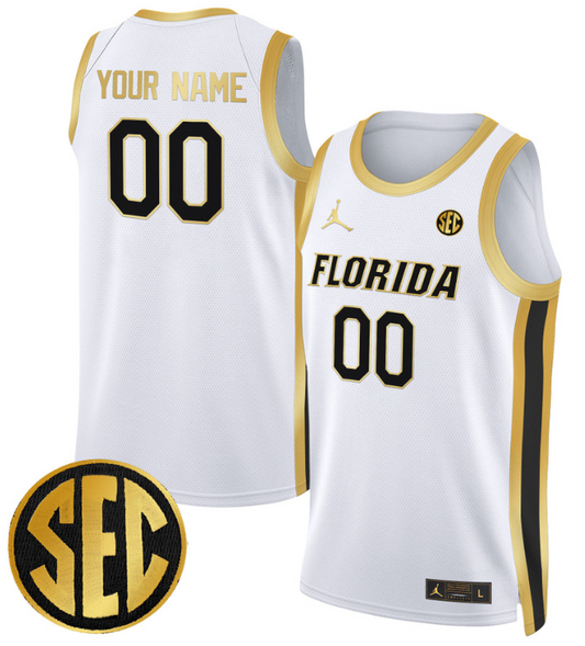 Custom Florida Gators Jersey Name, Number 2024 Swingman Basketball White Gold