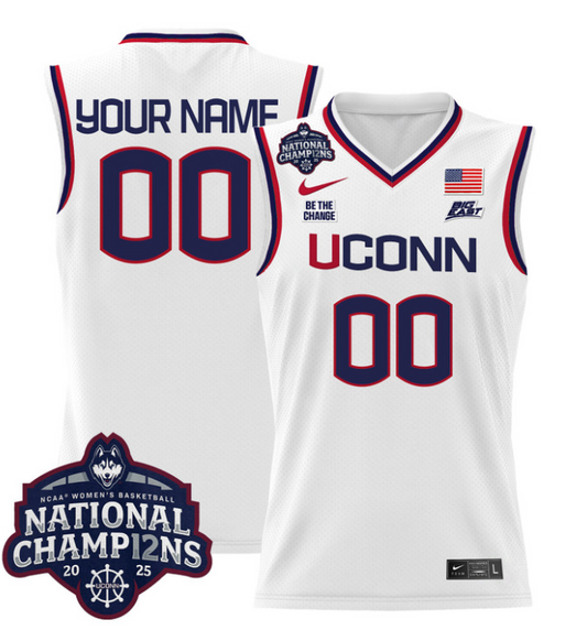 Custom UConn Huskies Jersey  2025 National Champions Patch Stitched White