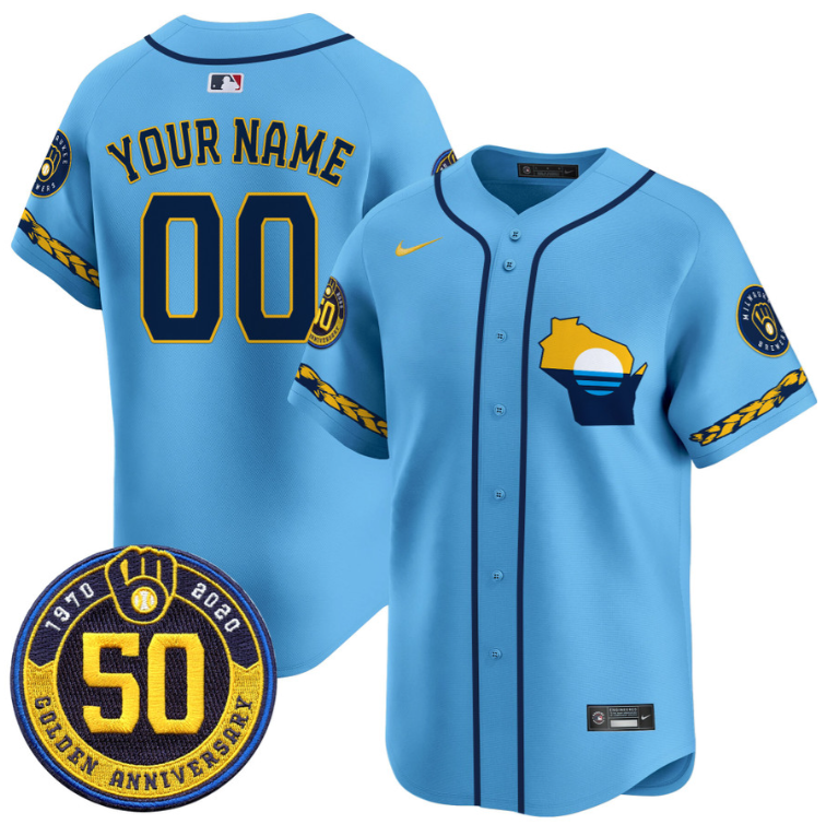Custom Milwaukee Brewers Jersey Golden 50th Anniversary Patch Premier Limited Stitched Blue