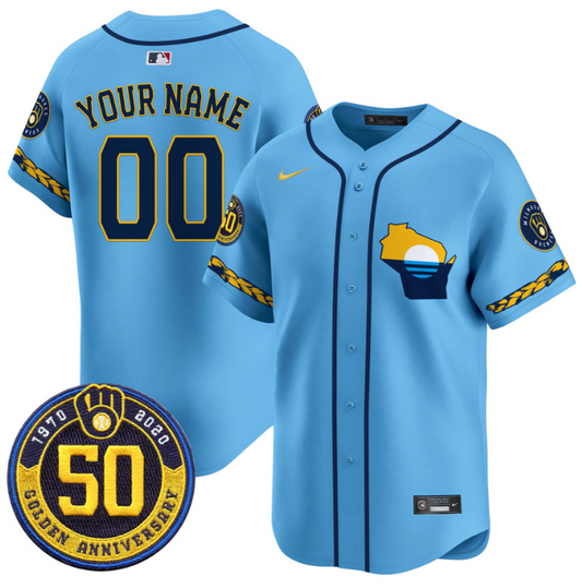 Custom Milwaukee Brewers Jersey Golden 50th Anniversary Patch Premier Limited Stitched Blue