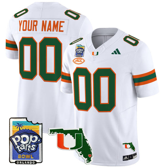 Custom Miami Hurricanes Jersey Name, Number 2025 PopTarts Bowl Patch White