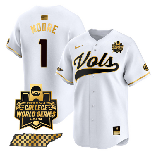 Christian Moore Jersey #1 Tennessee Volunteers 2024 College World Series Vapor Premier Limited NCAA Baseball Stitched White Gold