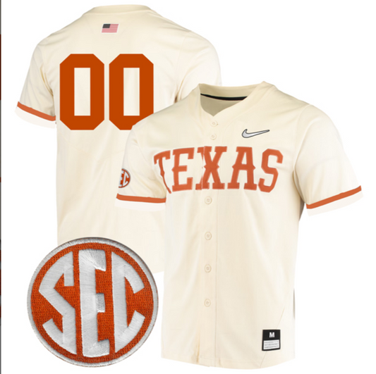 Custom Texas Longhorns Baseball Cream Full Button Jersey Stitched