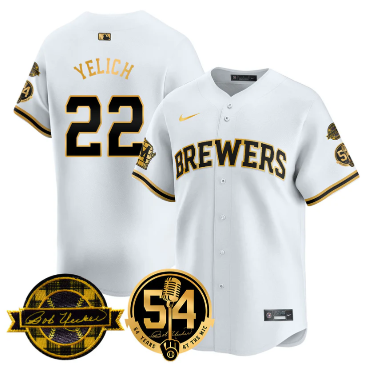 Christian Yelich Jersey #22 Milwaukee Brewers 2025 Bob Uecker, 54 Seasons for Brewers Stitched White Gold