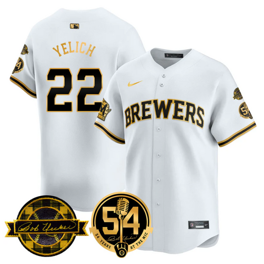 Christian Yelich Jersey #22 Milwaukee Brewers 2025 Bob Uecker, 54 Seasons for Brewers Stitched White Gold