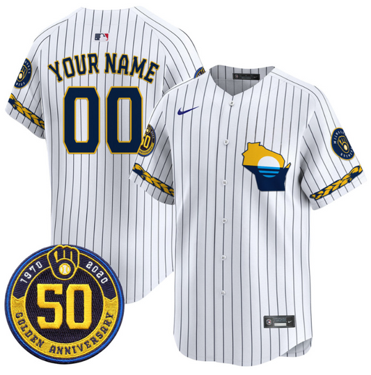 Custom Milwaukee Brewers Jersey Golden 50th Anniversary Patch Premier Limited Stitched Pinstripe