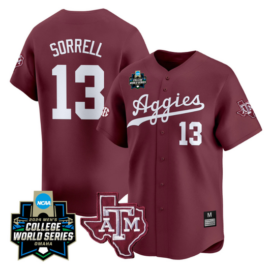 Caden Sorrell Jersey #13 Texas AM Aggies 2024 College World Series Vapor Premier Limited NCAA Baseball Stitched Maroon