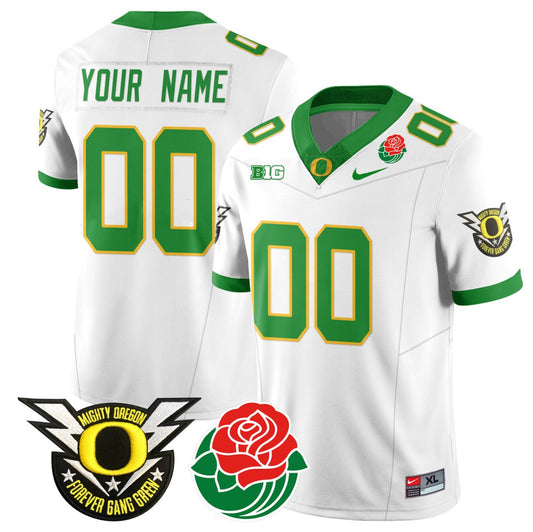Custom Oregon Ducks Jersey Name, Number 2024 Rose Bowl Patch N2 White