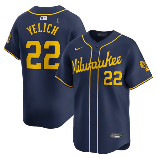 Christian Yelich Jersey #22 Milwaukee Brewers Home Patch Navy Vapor Premier Limited Stitched