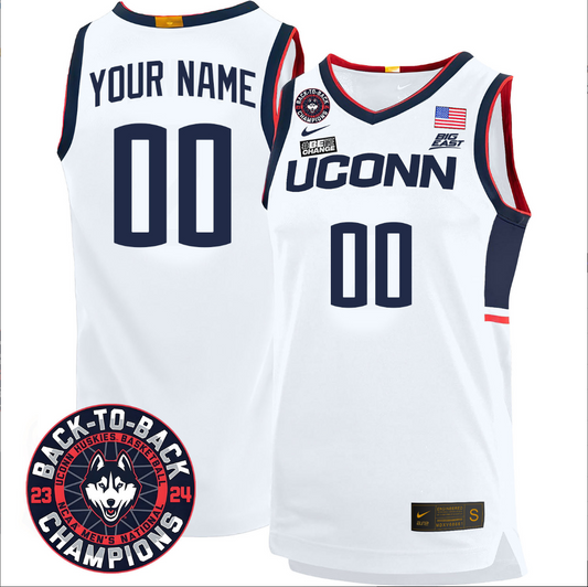 Custom UConn Huskies Basketball Jersey 2024 Back To Back Champions Patch White