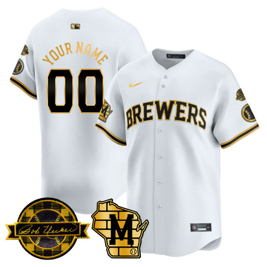Custom Milwaukee Brewers Jersey Name, Number 2025 Limited Bob Uecker Patch Stitched White Gold