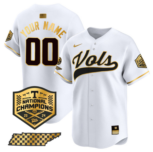 Custom Tennessee Volunteers Baseball Jersey Name and Number 2024 Champions Vapor Premier Limited  White Gold
