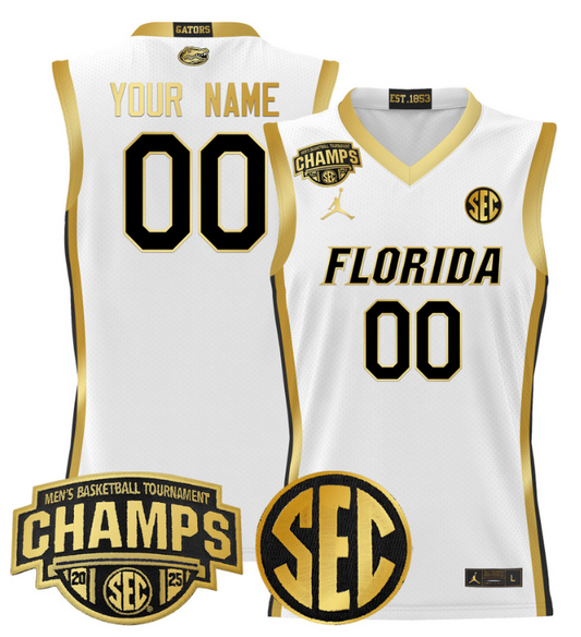 Custom Florida Gators Jersey 2025 SEC Tournament Champions Stitched White Gold