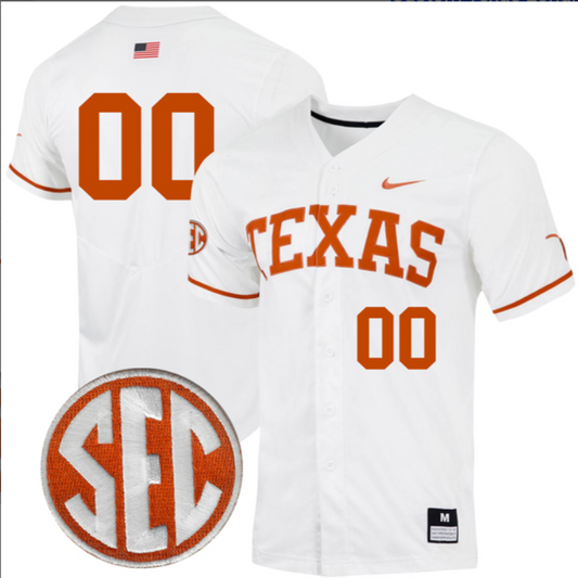 Custom Texas Longhorns Baseball White Full Button Jersey Stitched SEC Patch