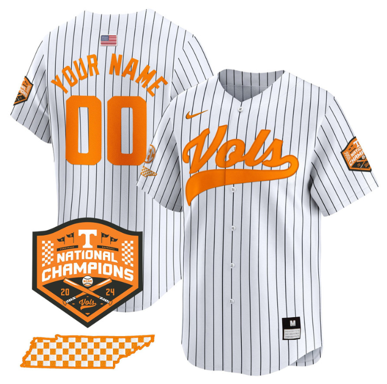 Custom Tennessee Volunteers Baseball Jersey Name and Number 2024 Champions Vapor Premier Limited  Pinstripe