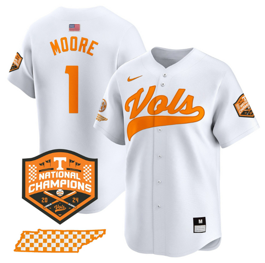 Christian Moore Jersey #1 Tennessee Volunteers Baseball 2024 Champions Vapor Premier Limited  White