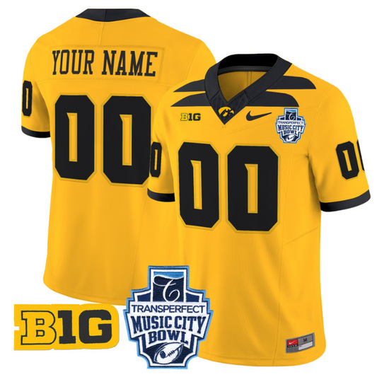Custom Iowa Hawkeyes Jersey 2024 Music City Bowl Patch Stitched Gold