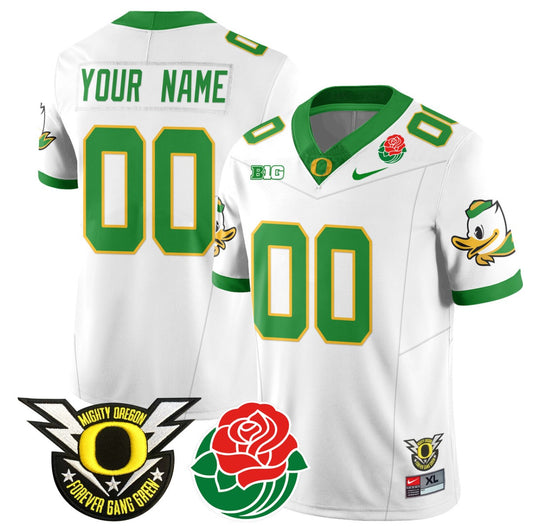 Custom Oregon Ducks Jersey Name, Number 2024 Rose Bowl Patch N1 White