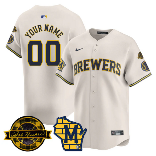 Custom Milwaukee Brewers Jersey Name, Number 2025 Limited Bob Uecker Patch Stitched Cream