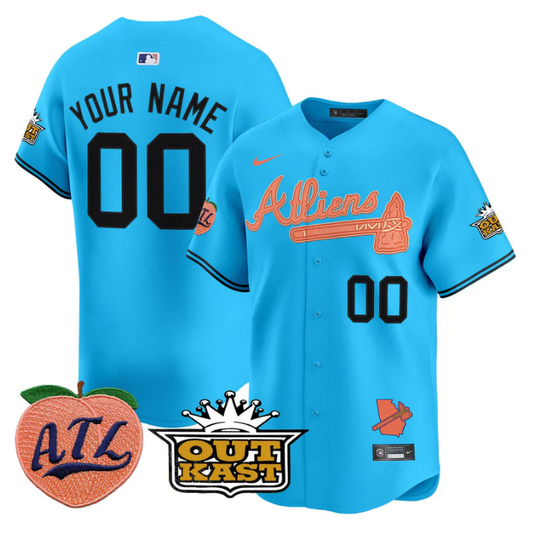 Custom Atlanta Braves Jersey Atliens Peach Vapor Premier Limited Stitched Light Blue