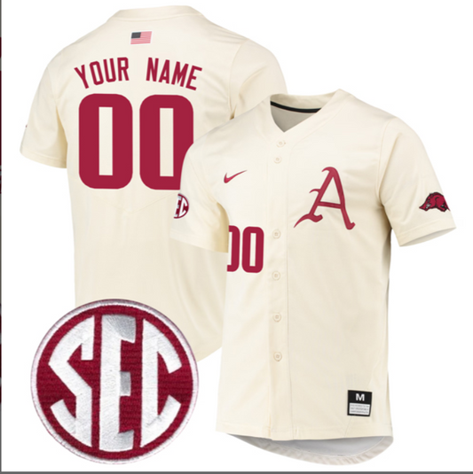 Custom Arkansas Razorbacks Baseball Cream Full Button Jersey – All Stitched SEC Patch