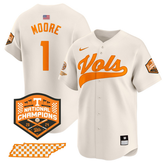 Christian Moore Jersey #1 Tennessee Volunteers Baseball 2024 Champions Vapor Premier Limited  Cream