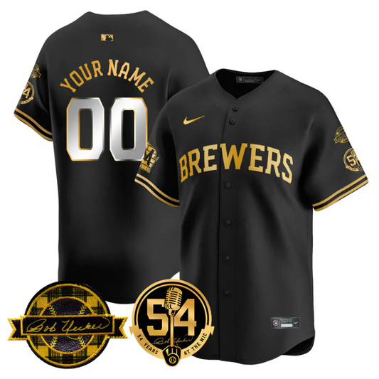 Custom Milwaukee Brewers Jersey 2025 Bob Uecker, 54 Seasons for Brewers Stitched Black Gold