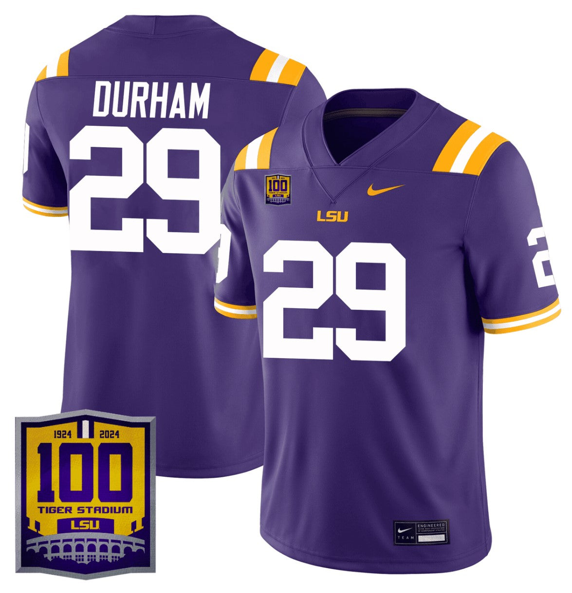 Caden Durham Jersey #29 LSU Tigers 100 Years of Tiger Stadium Patch Purple