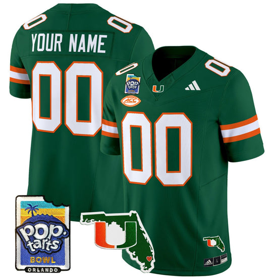 Custom Miami Hurricanes Jersey Name, Number 2025 PopTarts Bowl Patch Green