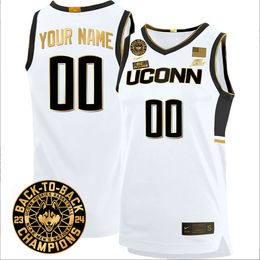Custom UConn Huskies Basketball Jersey 2024 Back To Back Champions Patch White Gold