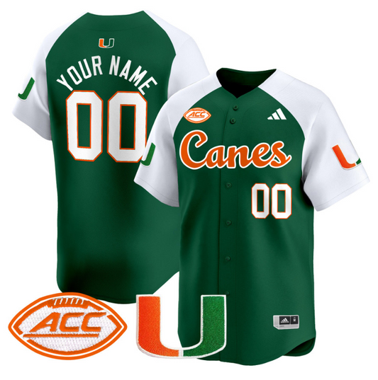 Custom Miami Hurricanes Jersey Name, Number 2024 Baseball V2 Green Alternate