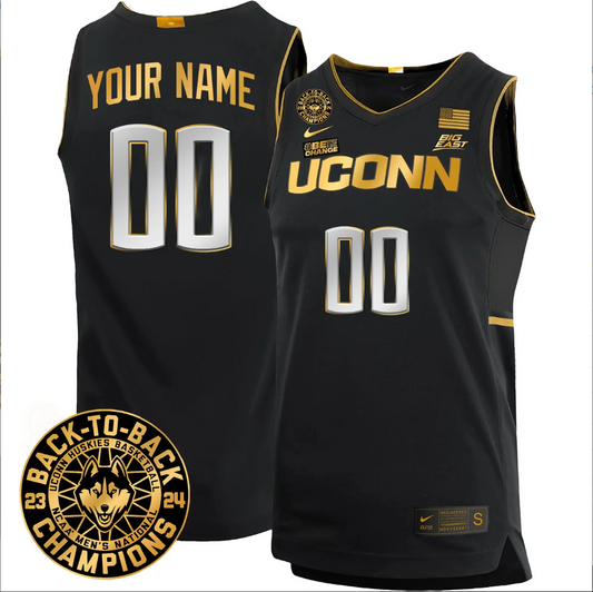 Custom Missouri TigeCustom UConn Huskies Basketball Jersey 2024 Back To Back Champions Patch Black Goldrs Jersey Name and Number Alternate Basketball Throwback Legacy uniform Gold (Copy)