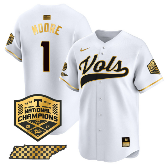 Christian Moore Jersey #1 Tennessee Volunteers Baseball 2024 Champions Vapor Premier Limited  White Gold
