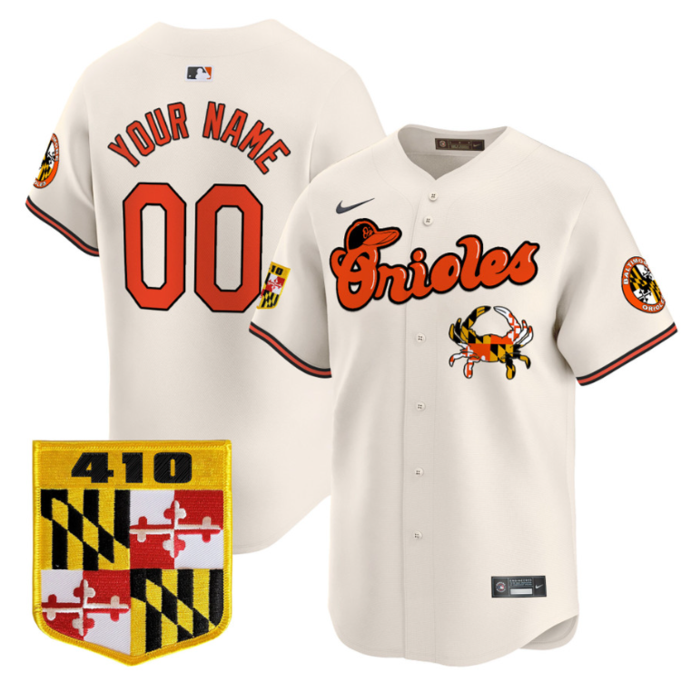 Custom Baltimore Orioles Jersey 410 & Chesapeake Crab Patch Premier Limited Stitched Cream