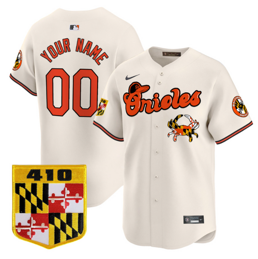 Custom Baltimore Orioles Jersey 410 & Chesapeake Crab Patch Premier Limited Stitched Cream