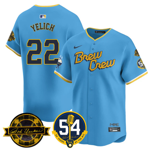 Christian Yelich Jersey #22 Milwaukee Brewers 2025 Bob Uecker, 54 Seasons for Brewers Stitched City Connect