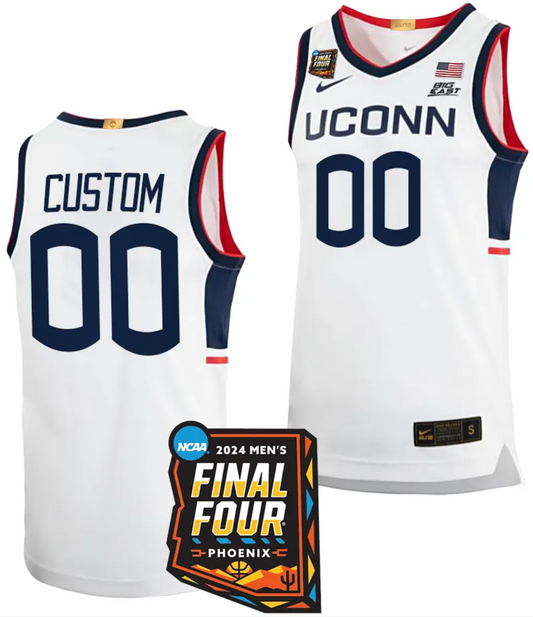 Custom UConn Huskies Jersey Name and Number 2024 NCAA March Madness Final Four Basketball White