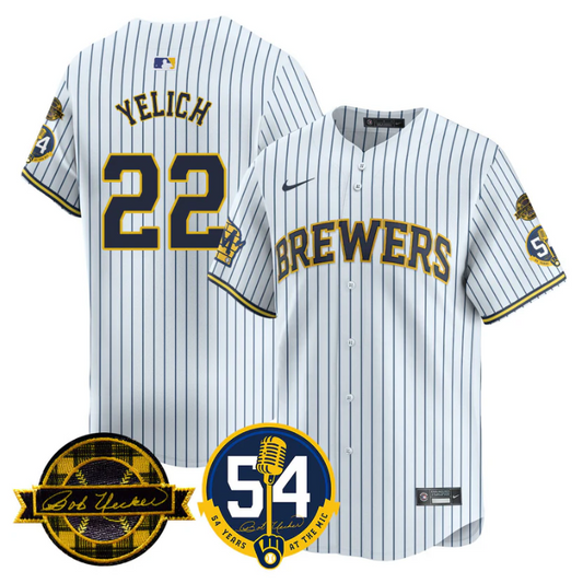 Christian Yelich Jersey #22 Milwaukee Brewers 2025 Bob Uecker, 54 Seasons for Brewers Stitched White