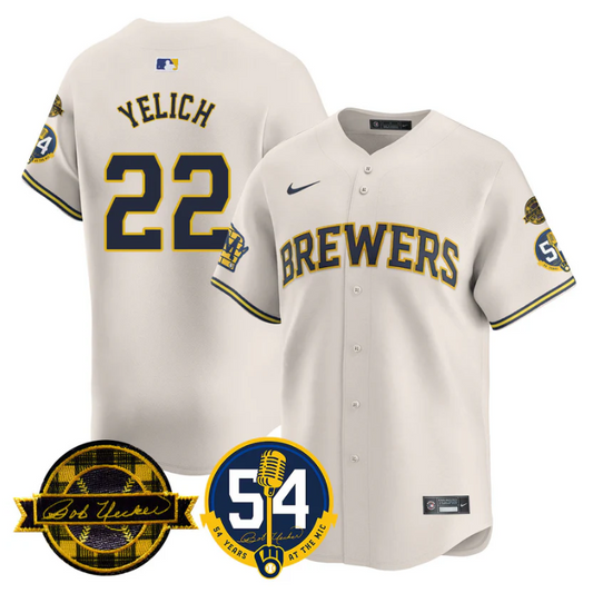 Christian Yelich Jersey #22 Milwaukee Brewers 2025 Bob Uecker, 54 Seasons for Brewers Stitched Cream