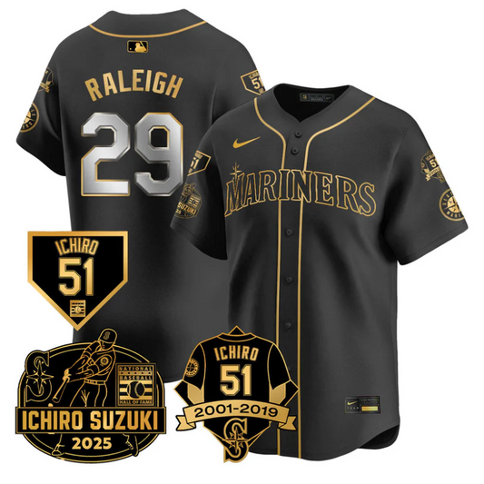 Cal Raleigh Jersey #29 Seattle Mariners Ichiro Suzuki Stitched Black Gold