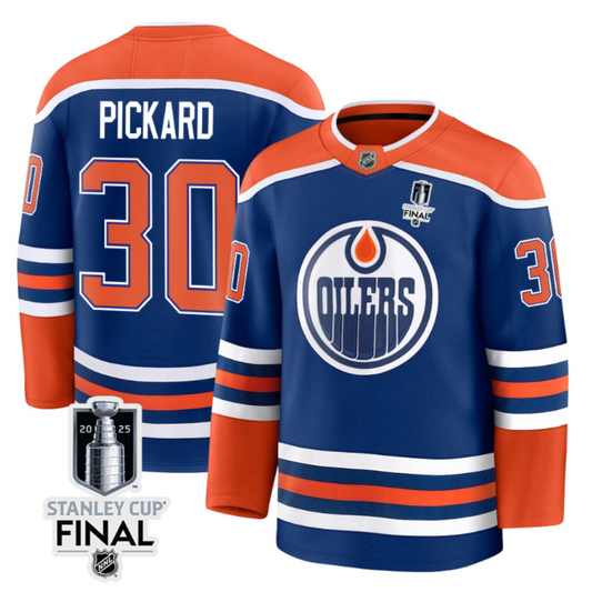 Calvin Pickard 30 Edmonton Oilers 2025 STANLEY CUP Final Patch Home Men Jersey Royal